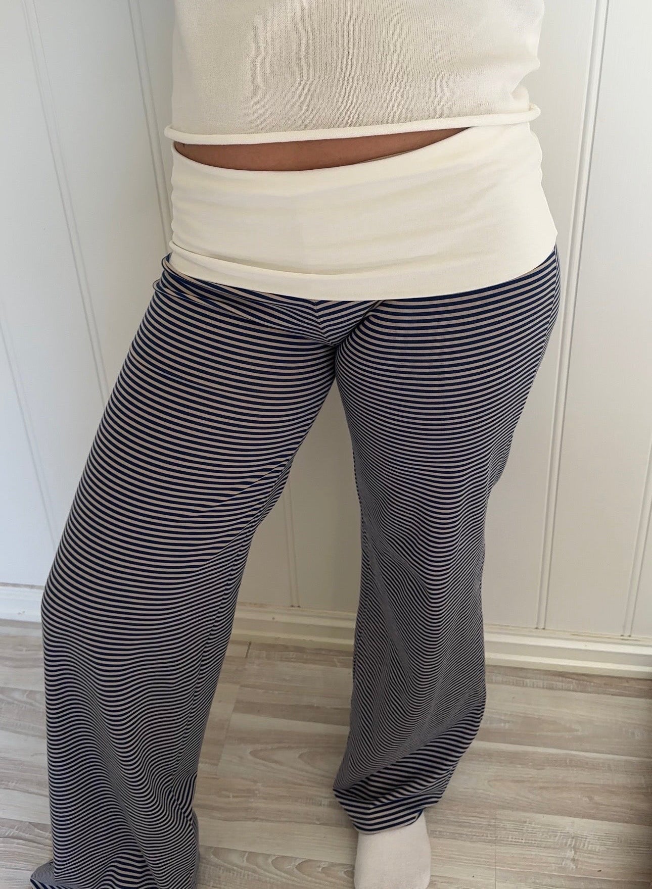 VALEA Fold Over Pants Navy Stripe